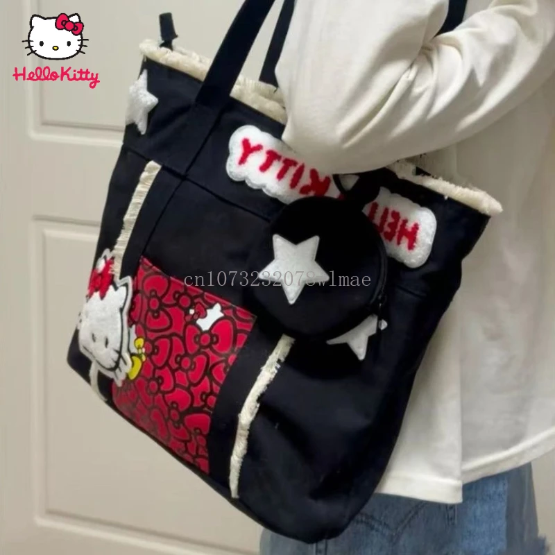 

Sanrio Hello Kitty Handbag Large Capacity Embroidery Canvas Tote Bag Cartoon Y2k Shoulder Bags Women Hot Girl Storage Travel Bag