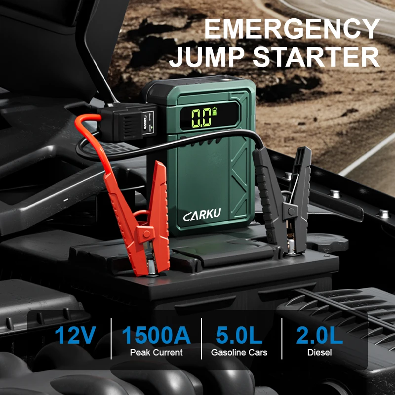 

2025Portable Car Jump Starter with Air Compressor 1500A Peak Jump Starter with Air Pump 150psi Tire Inflator