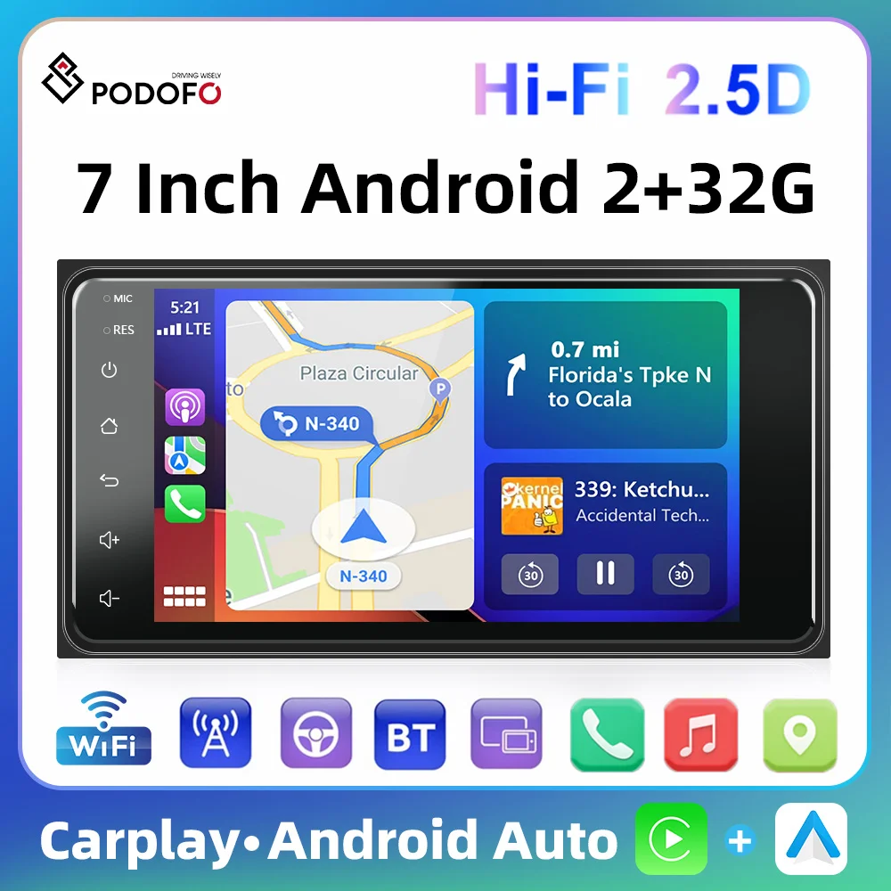 Podofo MP5 WIFI Car Stereo Radio 7'' Carplay Bluetooth Android Auto GPS Navigation FM AUX USB HIFI Autoradio For Toyota Corolla