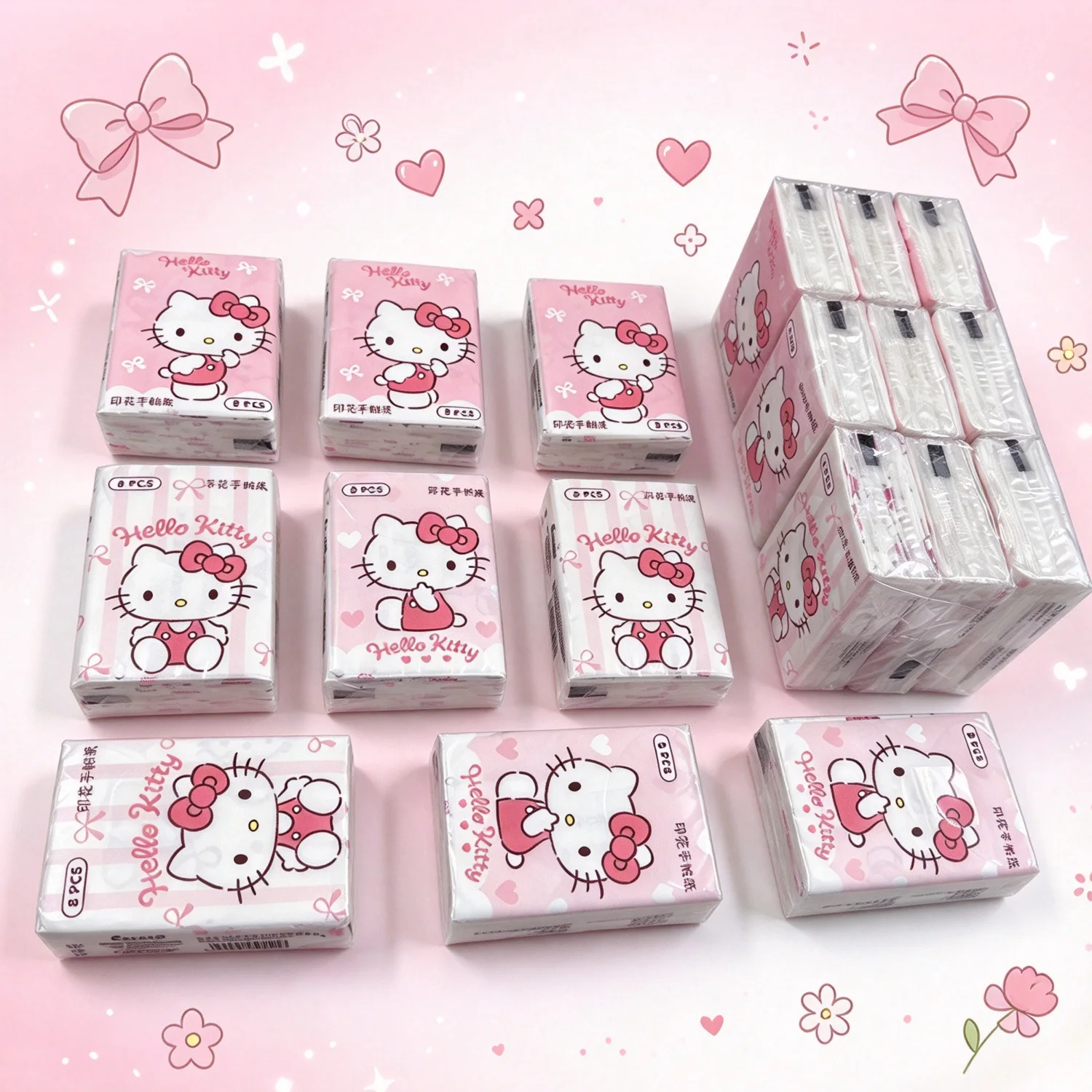 Hello-Kitty-Servietten mit Aufdruck, niedliches Charaktermuster, einzeln verpackt, Papiertücher für unterwegs, zum Essen, für den täglichen Gebrauch, als Geschenk. – Detail 10
