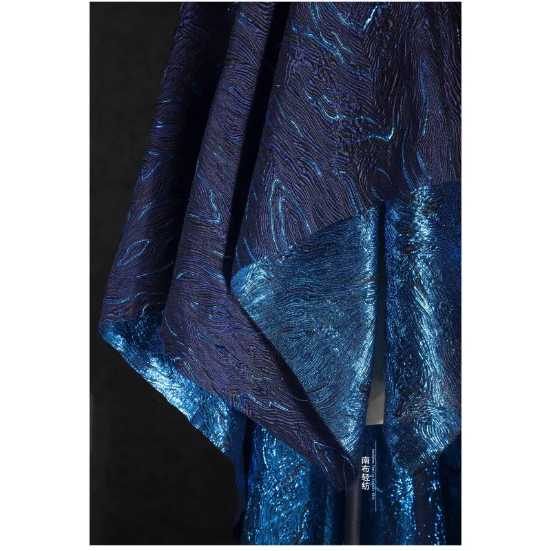 Deep Blue Sea Gold Silk Shimmering Jacquard Cotton Fabric Pleated Three-dimensional Texture Coat Suit Clothing Designer Fabric