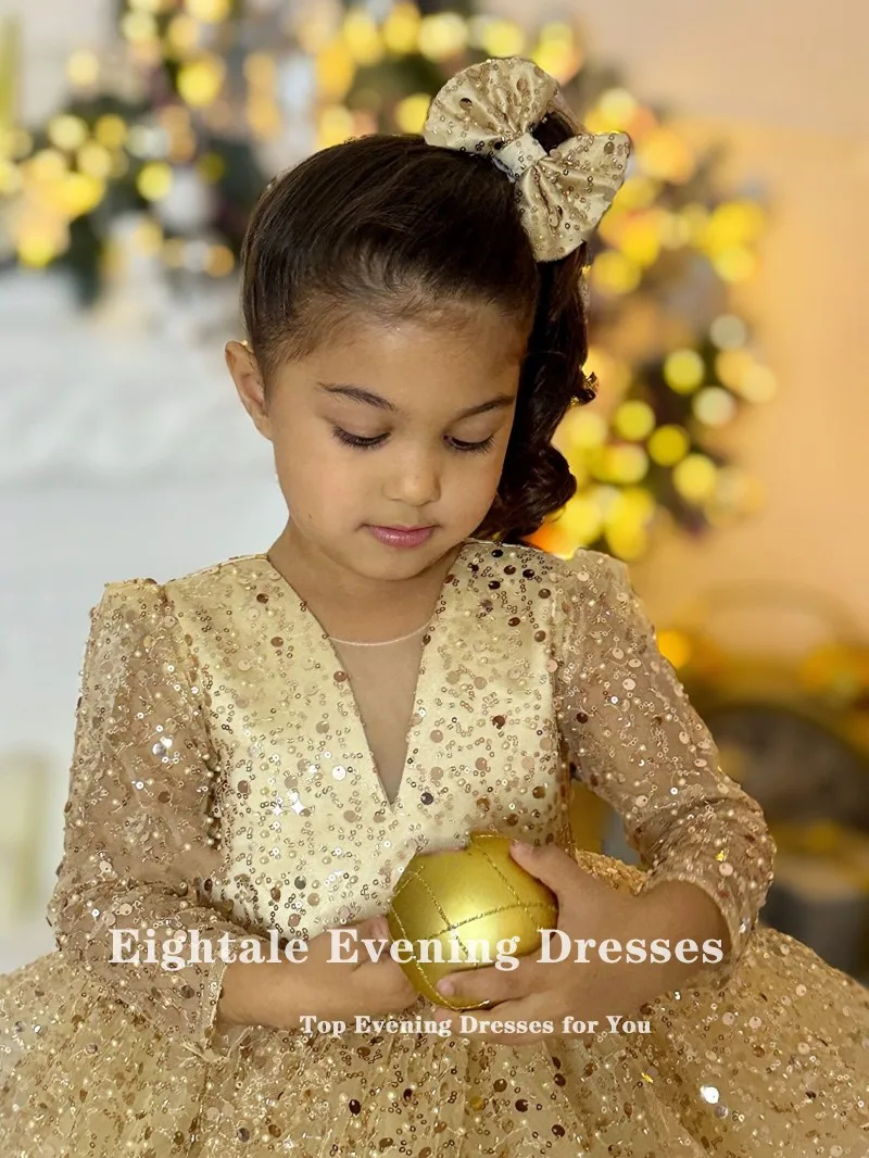 Robes à fleurs Champagne pour filles, Mini Costume personnalisé à paillettes et manches longues pour filles, robe Tutu de fête d'anniversaire pour enfants