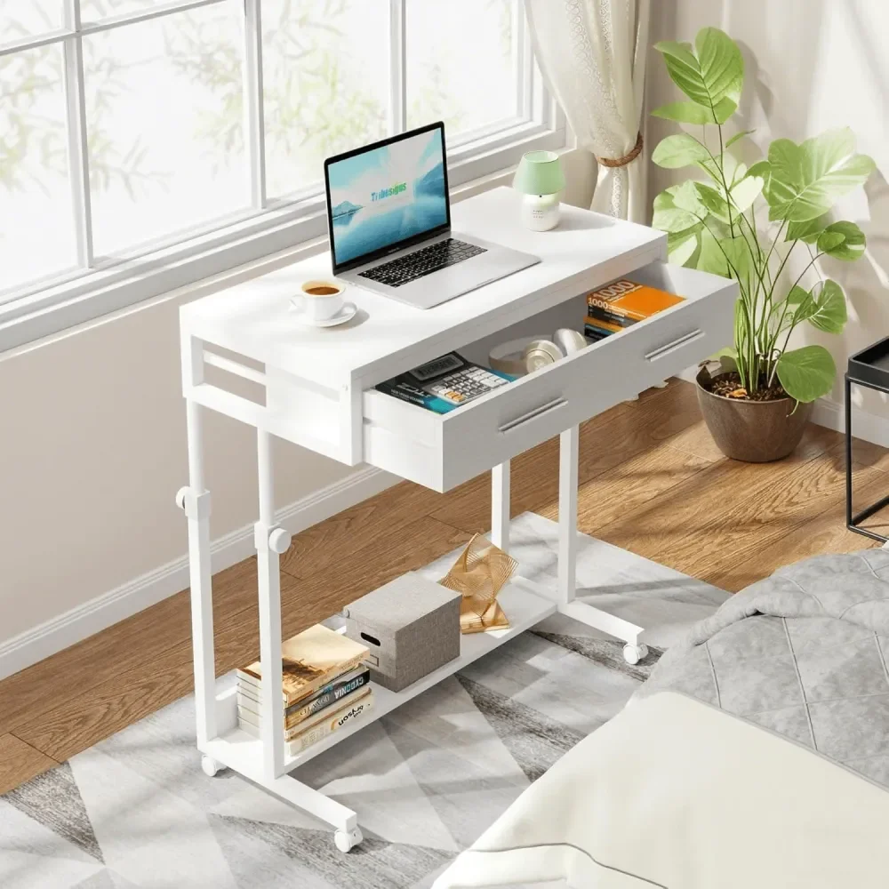 

Mobile Laptop Desk With Wheels Drawers Portable Rolling Couch Desk For Home Office, Small Standing Workstation, Sofa Side Table