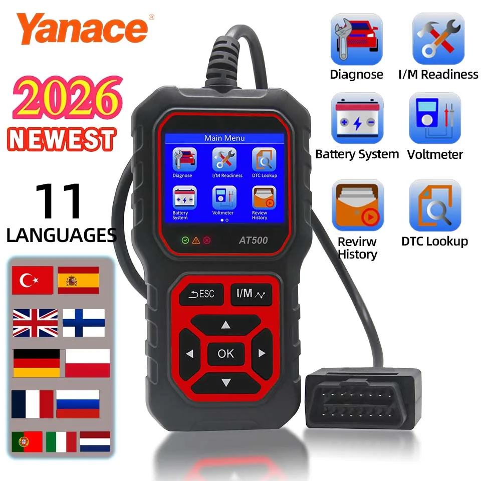 Yanace OBD2 Car Scanner Diagnostic Tool 11 Languages Engine Fault Code Reader Scanner Clear Fault Code Real Time Data ﻿
