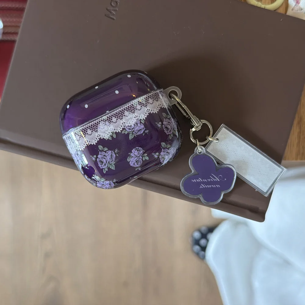 Luxury Purple Rose Flower Lace with Keychain Soft Protective Cover Earphone Case for AirPods 1 2 3 4 Pro 2 Pro 3 Airpod 4ANC