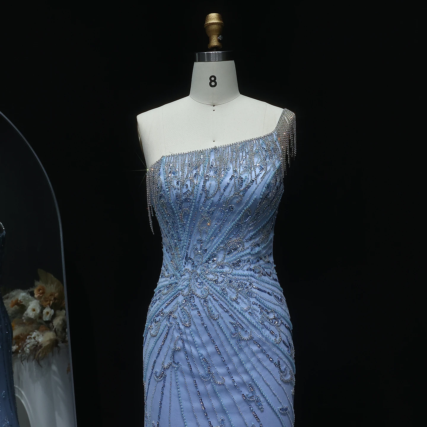 Sharon Said elegancka jedno ramię frędzle syrenka szampańska suknia wieczorowa dla kobiet ślub niebieska suknia wieczorowa dla gości SS031 dostosowana