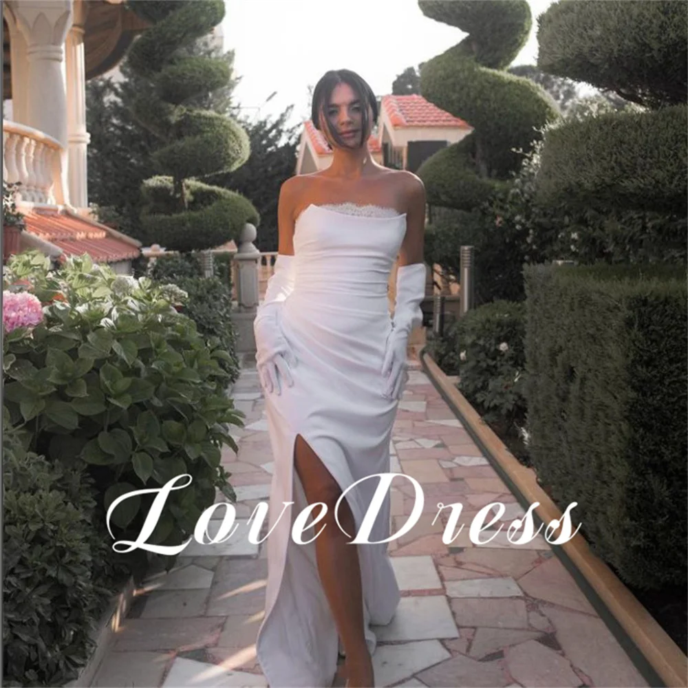 Love Simple Strapless Lace Stain High Side Slit Wedding Dresses Pleating Elegant Floor Length Backless Lace Up Customized