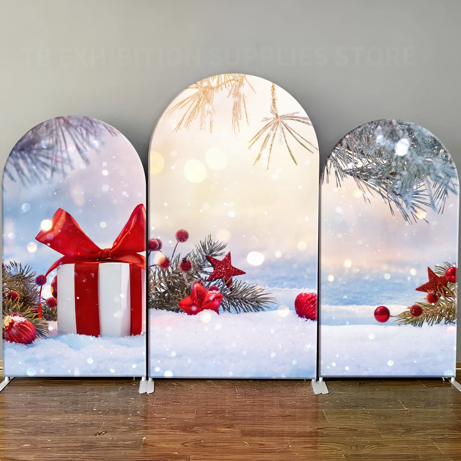 

Merry Christmas Arch Backdrop Winter Atmosphere Snow Pine Gift Sparkles Photo Background Birthday Baby Shower Xmas Party Decor