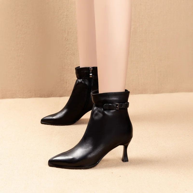 2022 Autumn and Winter New Stiletto Ankle Boots Women Pointed Toe Temperament Side Zipper Black Comfortable Women\'s Boots