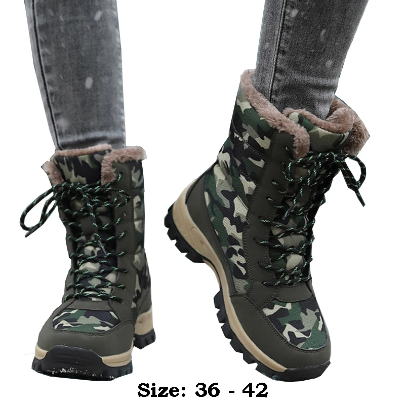 

High quality leather ankle length snow boots for women new 2024 winter outdoor fur plush warm walking shoe camouflage print