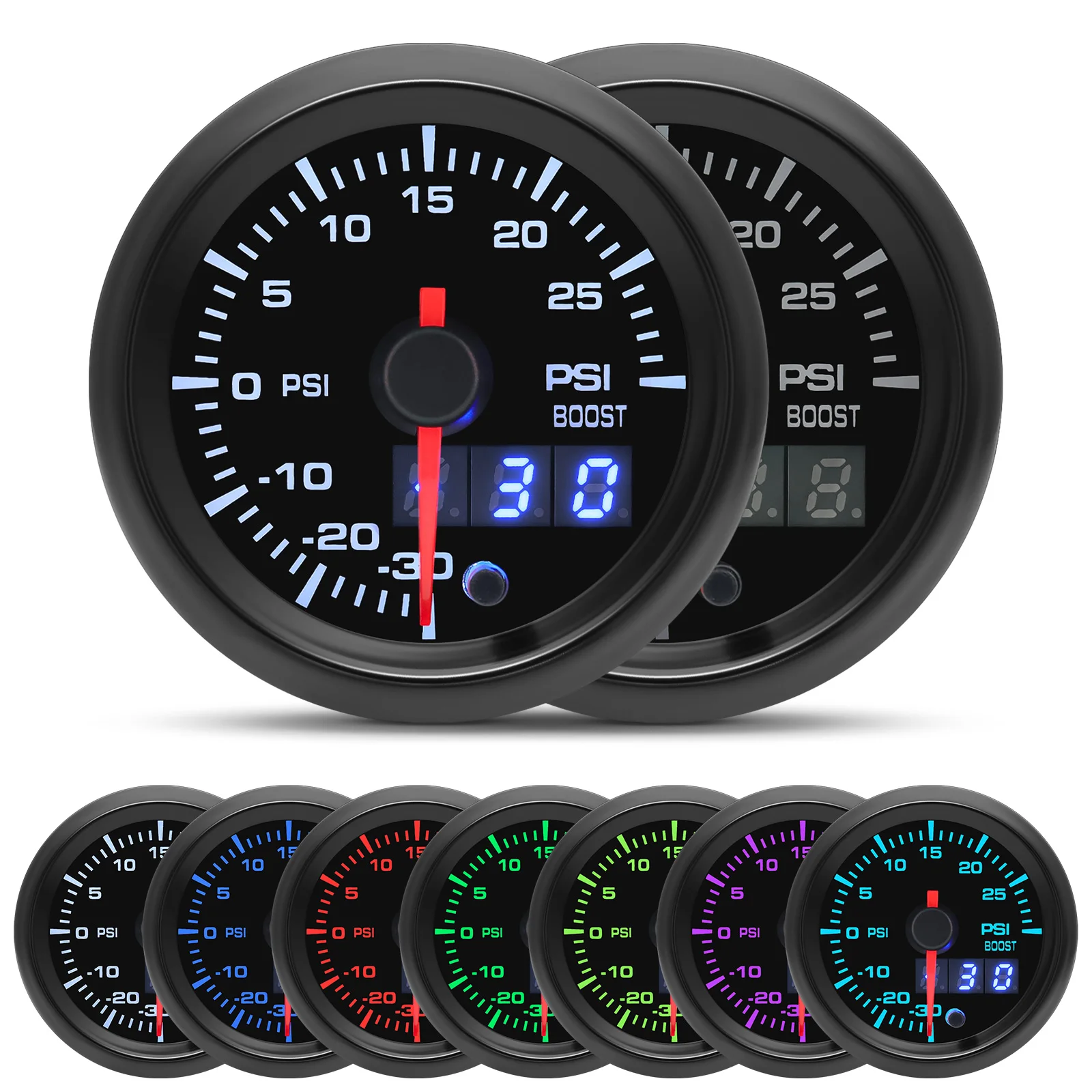 New 2'' 52mm Car Gauges With 7 Color LED Turbo Boost Gauge Oil Pressure Water/Oil Temp RPM Tachometer Vaccum Voltmeter VOLT 12V