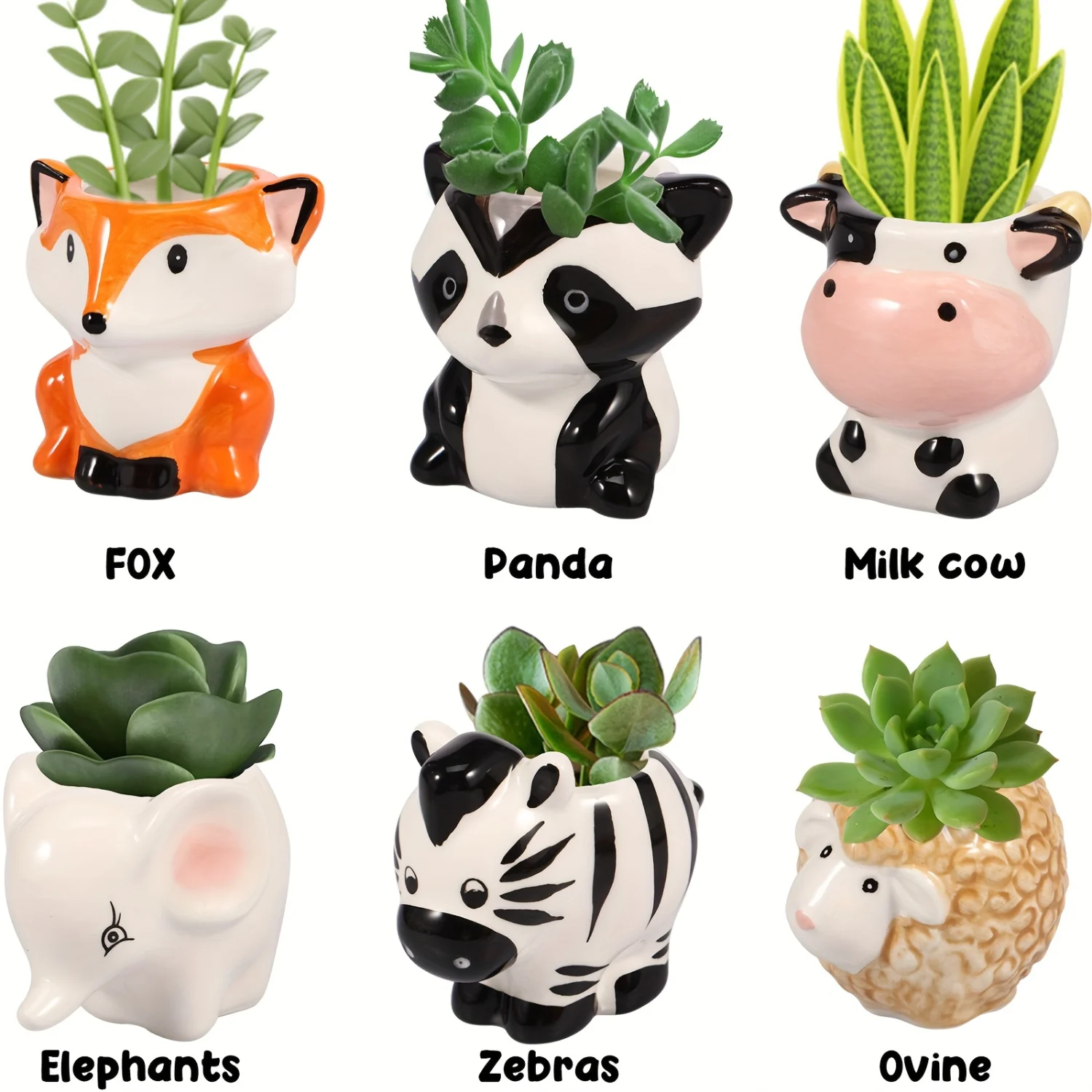 6pcs, Adorable Mini Ceramic Animal Flower Pot, Cactus Plant Pot, Flower Pot, Container Planter Perfect For  Office, Garden, And