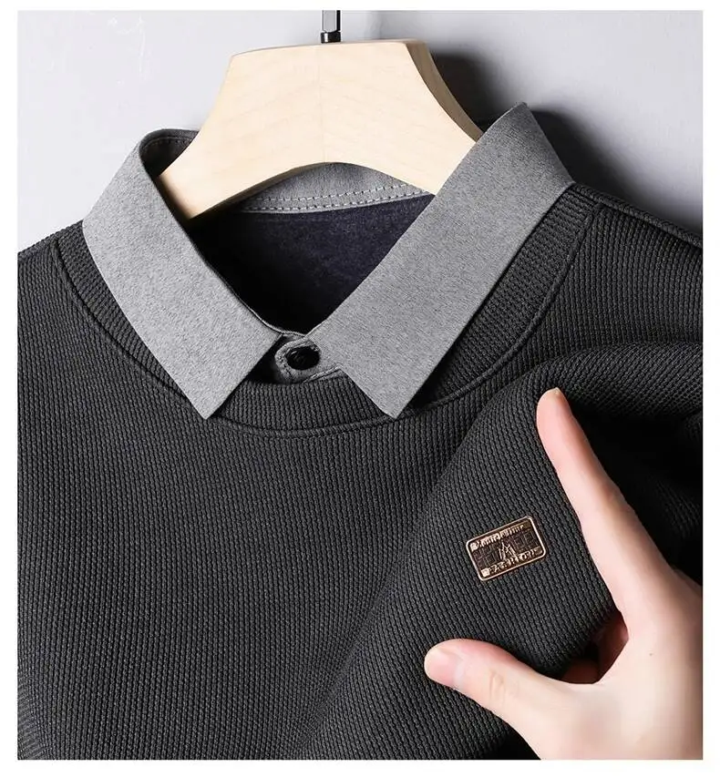 

2025 New Fake Two Piece Shirt Collar Style Autumn And Winter Thick Velvet Men's Long Sleeve Knitted Base Sweater