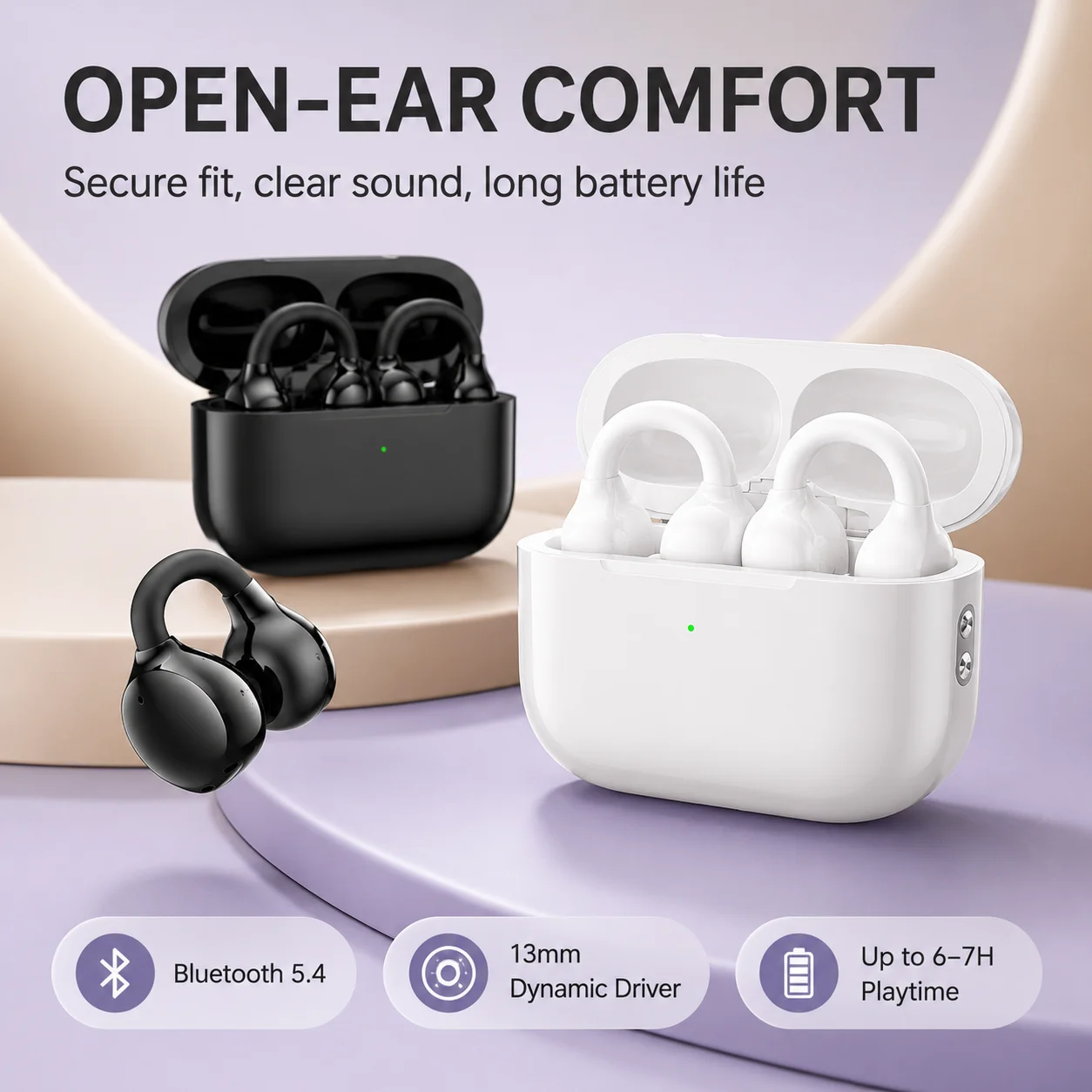 Clip-on earbuds OWS Bluetooth 5.4 13mm driver Open-Ear Wireless Headphones IPX4 24H Battery Directional Audio TWS Earbuds