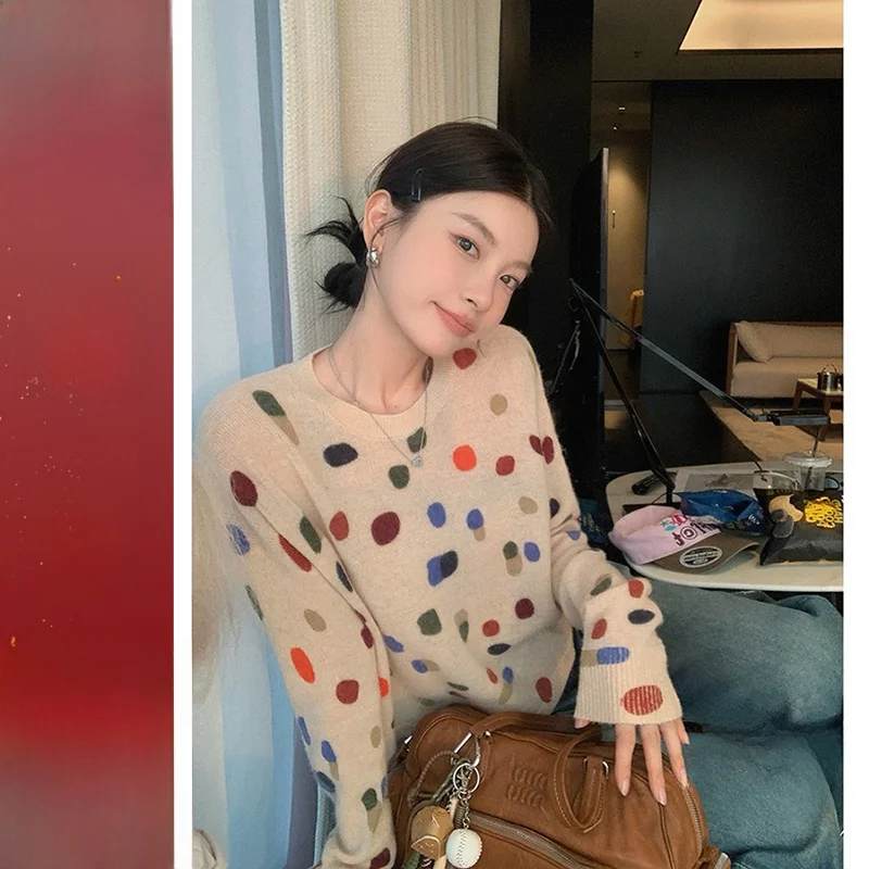 

IBELL ZHANG Женская трикотажная шерстяная футболка круглого цвета Ne Long Sve Rainbow Sugar Cube Sle Korean Faion Autumn Prtion