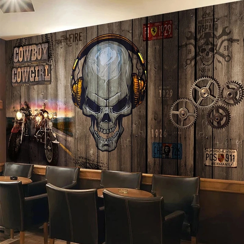Customized 3D Photo Wall Retro Machine Wood Board English Letter Mural Restaurant Cafe Bar Club Creative Wallpaper skull Hotel
