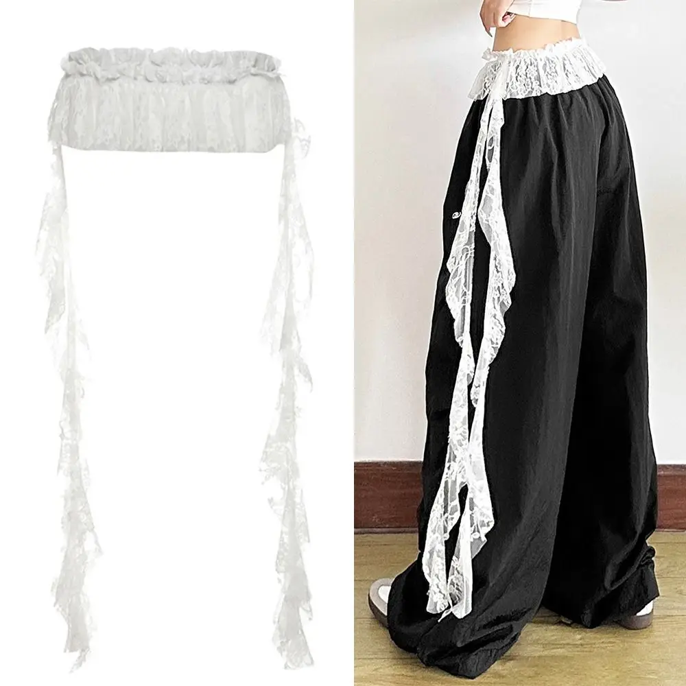 

Jeans Pants Decor Embroidered Flower Lace Mini Skirt See Through Y2K Streetwear Ruched Skirts Harajuku Irregular Butt Curtain