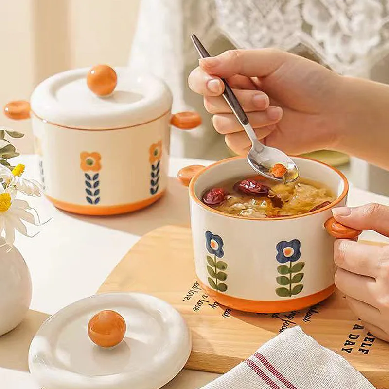 Household Ceramics with Lid Waterproof Stewpot Hand-painted Bird's Nest Steamed Egg Cup with Sugar Water in Porcelain Bowl