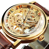 Reloj Mecánico de Lujo Transparente Winner, Reloj de Pulsera Retro con Correa de Cuero Casual, Reloj Dorado para Hombre con Manecillas Luminosas