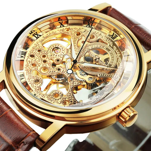 Imagen 1 del producto Winner-relojes mecánicos de esqueleto transparente para hombre, pulsera de cuero informal, dorado, manecillas luminosas, Retro
