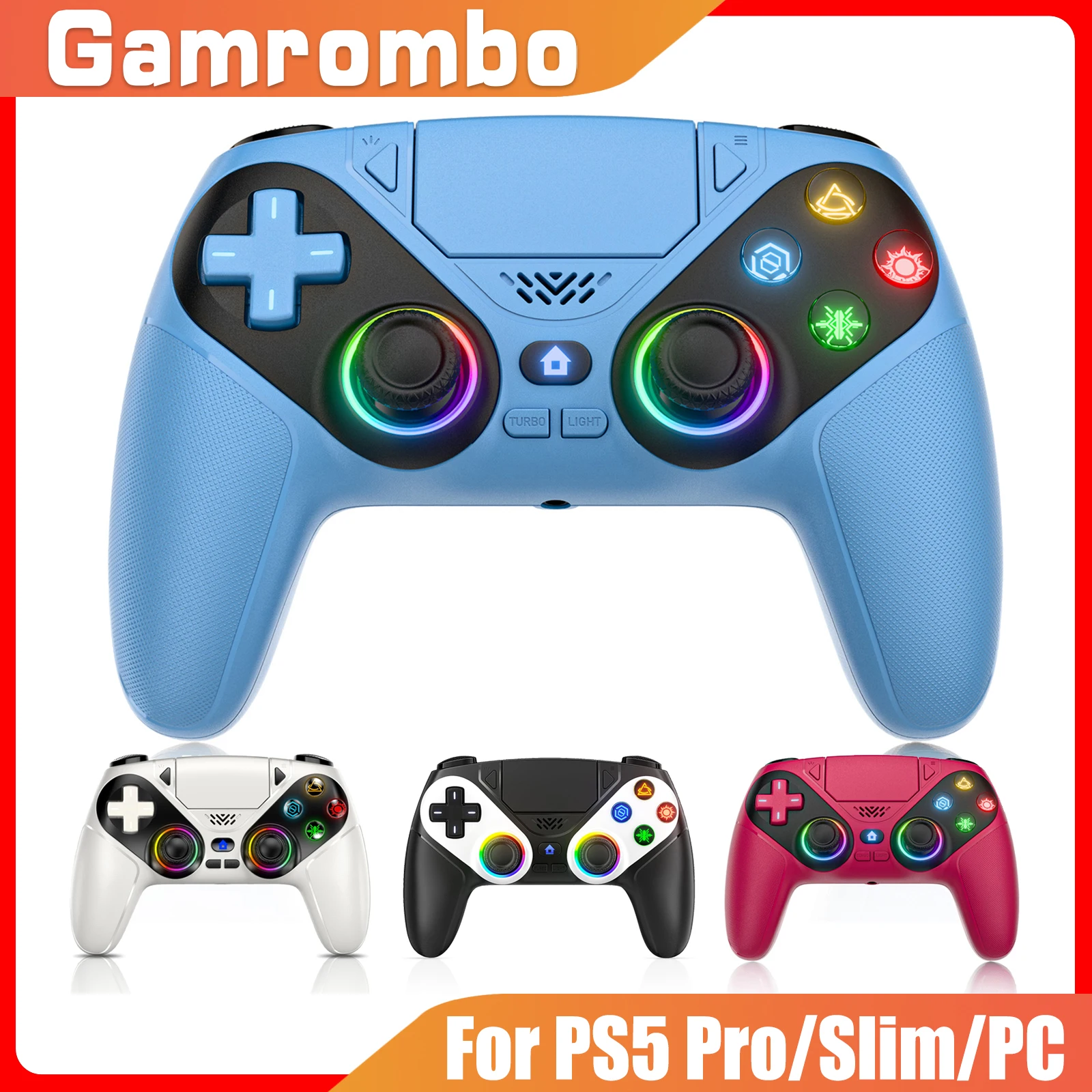 وحدة تحكم لـ PS5/Playstion 5 Pro/Slim/PC وحدة تحكم لوحة ألعاب لاسلكية RGB أضواء القاعة تأثير الزناد توربو الاهتزاز لعبة عصا التحكم