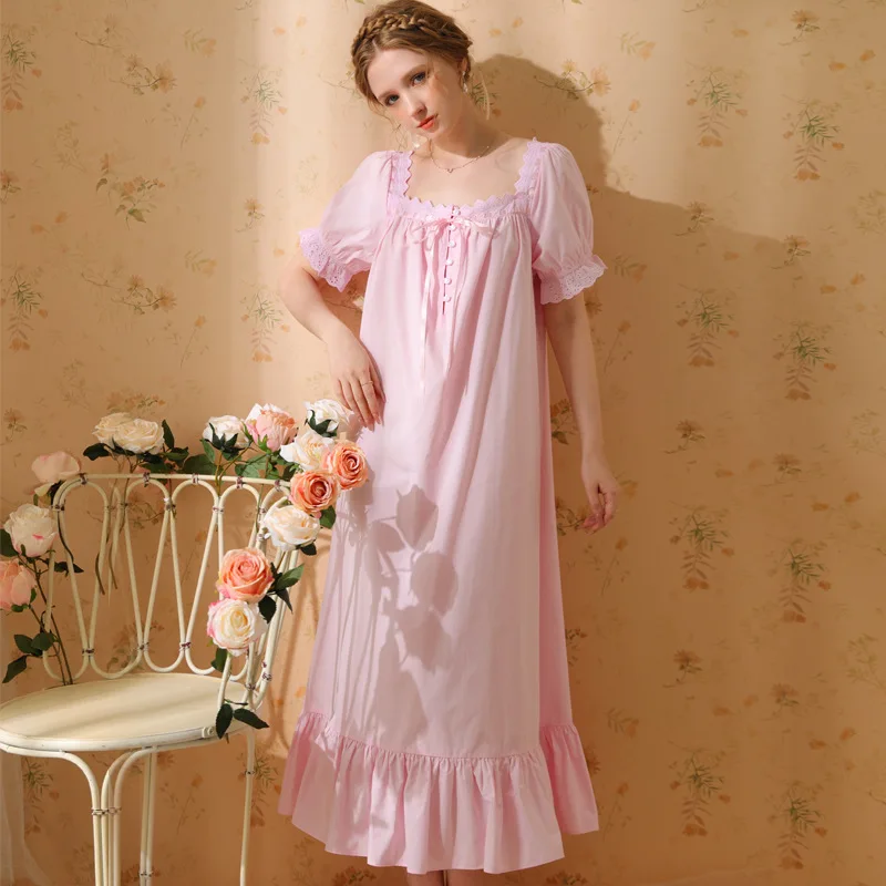 2023 Palace Style Pajama Dress Women Summer Cotton Long Sexy Retro French Princess Short Sleeve Long Nightgowns Solid Sleepwear