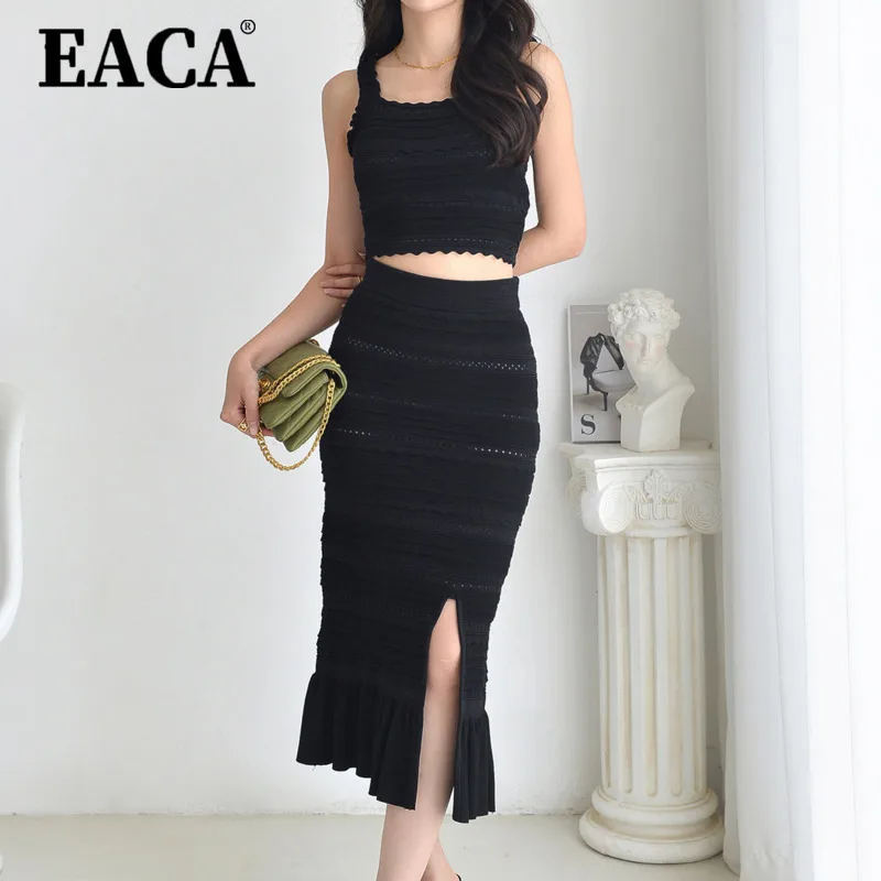 

EACA High-quality, Versatile Solid Color 2025 Summer New Knitted Embroidered Vest And Half Lotus Leaf Skirt Two-piece Set