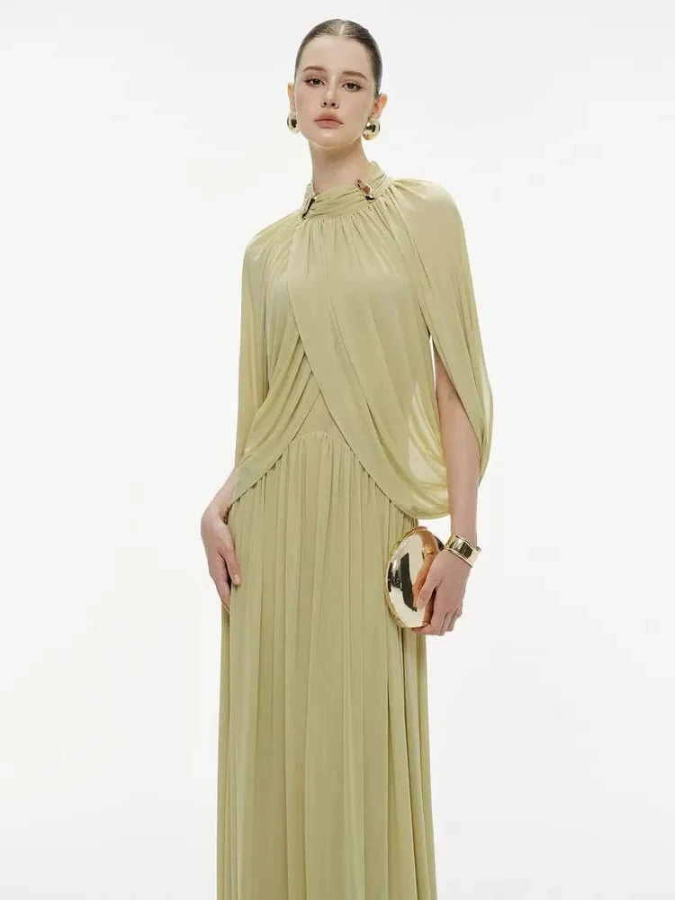 

Элегантное женское платье с плиссированным воротником-стойкой, уникальный асимметричный дизайн, стройнящее, для дня рождения, модное, с высокой талией...