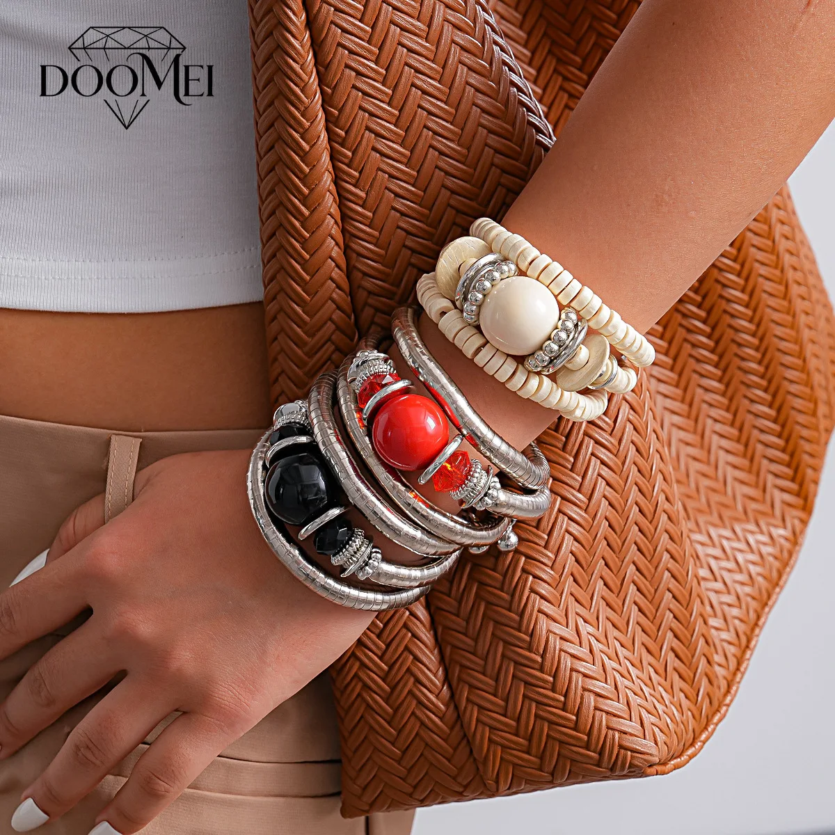DOO MEI Boho Multi Layer Stackable Beaded Bracelet Set for Women Silver Tone Metal Statement Daily Holiday Party Fashion Jewelry