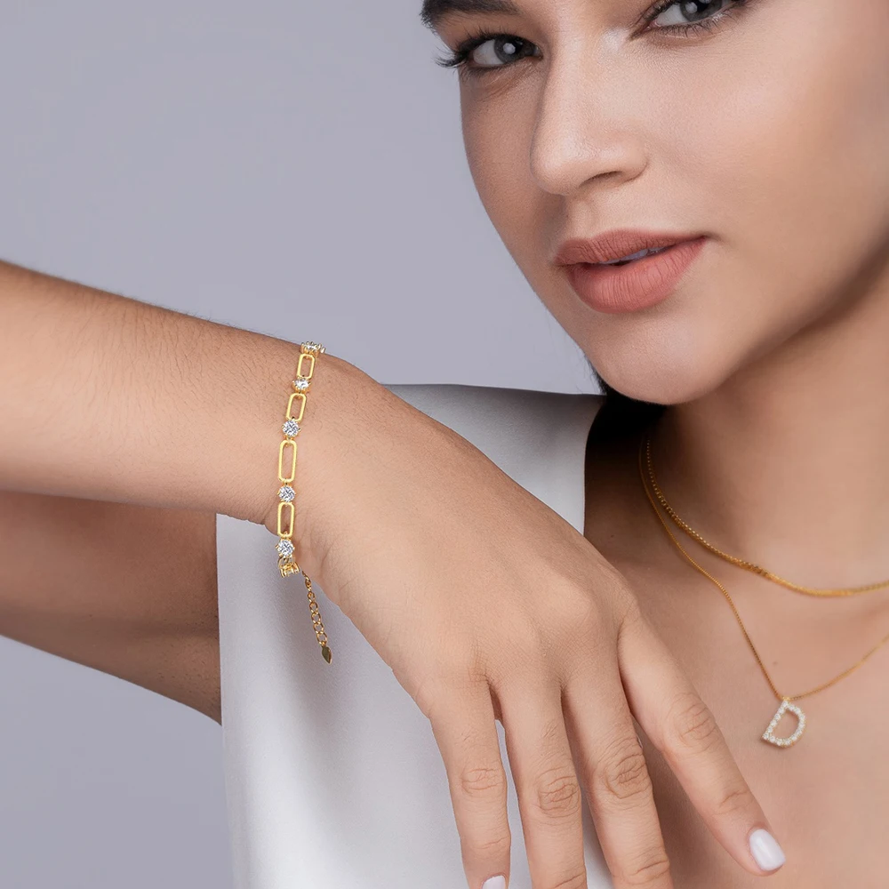 Sweetrain 4mm Moissanite Bracelet For Women 18K Gold Plated 925 Silver D Color Lab Created Diamond Bracelet Anniversary Gift