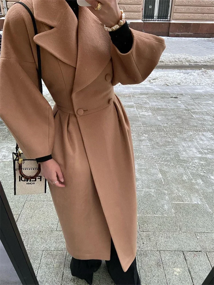 Plain Lapel Button Winter Long Wool&Blends Women Suit Overcoat Long Jacket Formal Double Breasted Party Prom Dress Blazer 2025