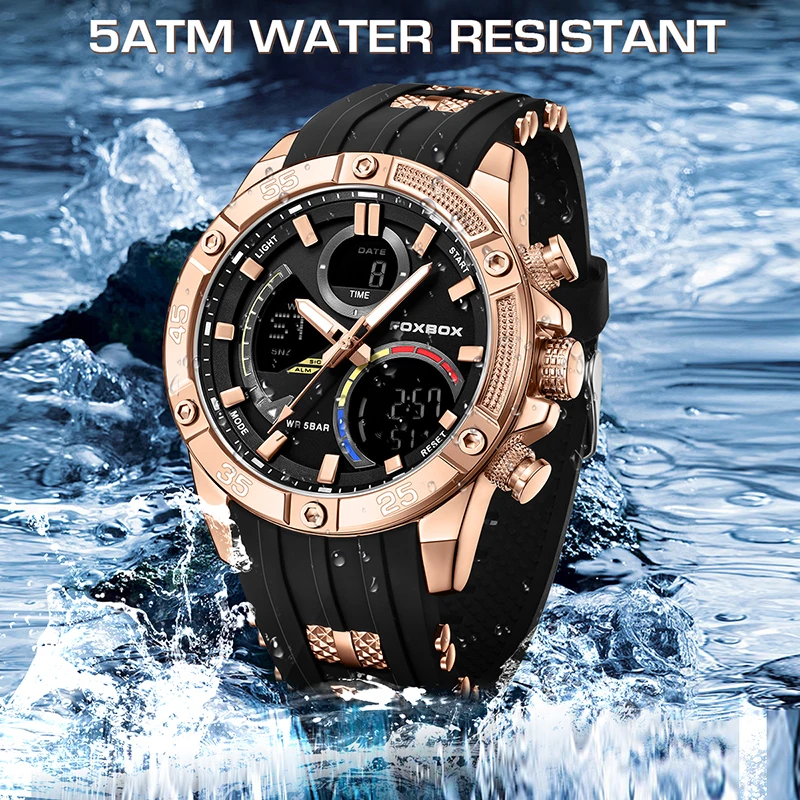 FOXBOX ساعة رجالي فاخرة LIGE ماركة موضة ساعات كوارتز رياضية للرجال مقاوم للماء LED ساعات المعصم الرقمية العسكرية Reloj Hombre