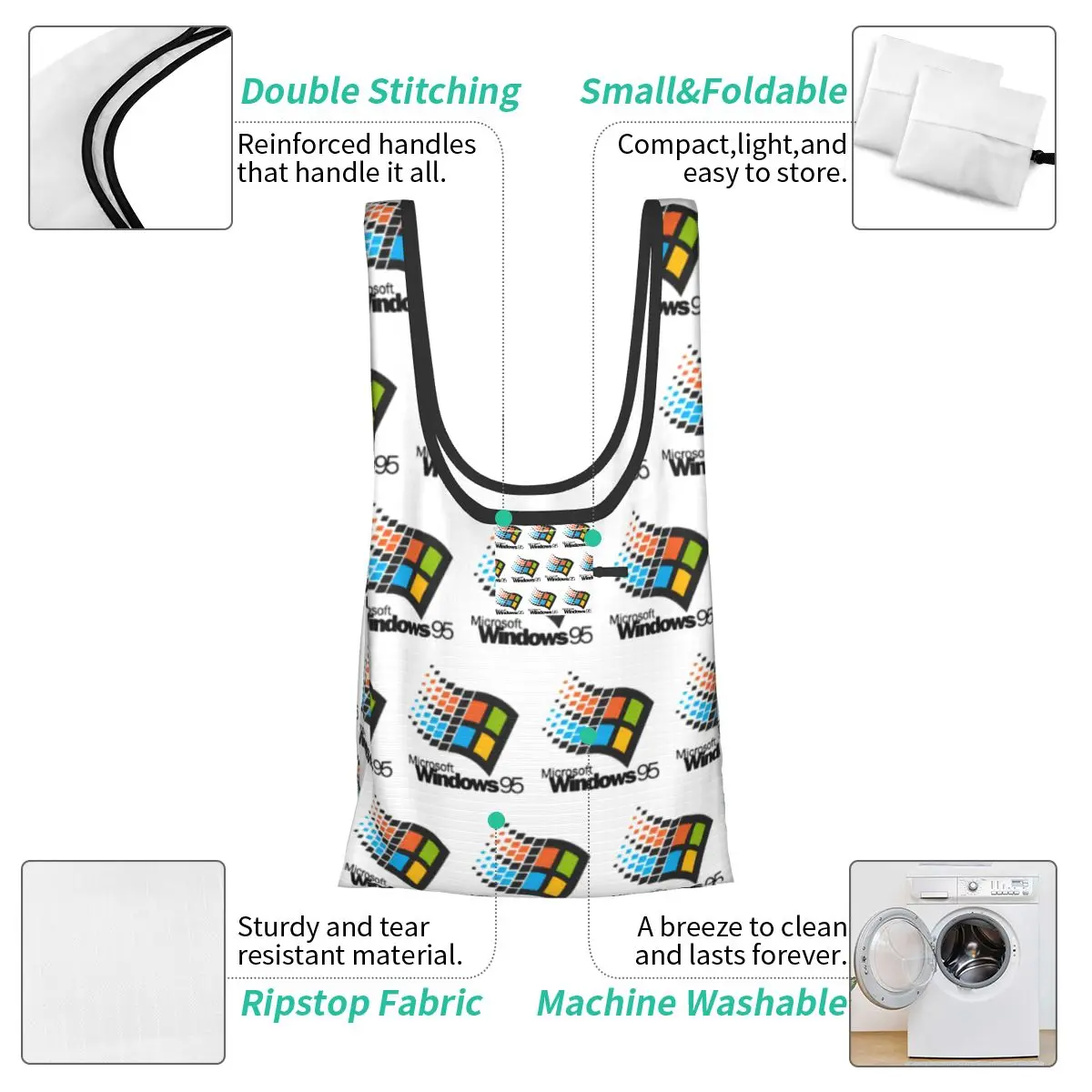 حقائب تسوق صغيرة محمولة تعمل بنظام Windows 95، حقيبة تسوق قابلة للطي، حقيبة يد للبقالة، حقيبة كتف