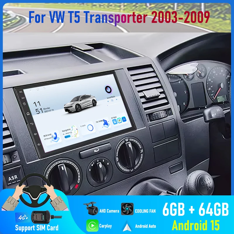 7 ''para vw t5 transporter van uk-spec 2003-2009 rádio do carro 4g sim carplay android 15 auto google mapa gps unidade principal bluetooth