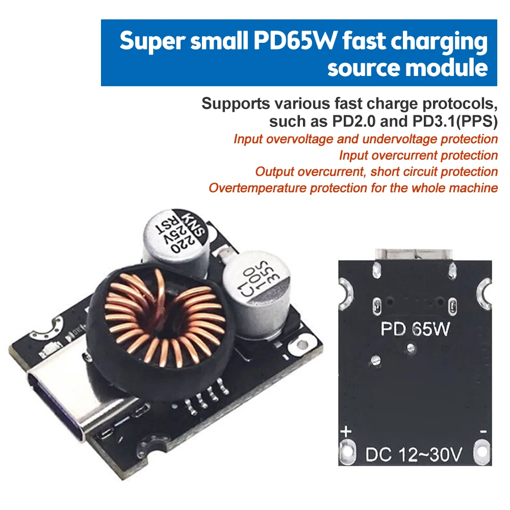 DC12-30V Mini 65W Fast Charge Module Multi-protocol Supports PD2.0/PD3.1PPS Output Protocol Type-C Interface Board For FCP SCP