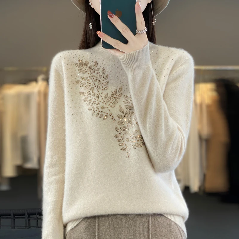 Women Autumn Winter Pure Wool Thickening Sweater Half-high Collar Leaf studded With Diamonds Pullover Female Knitted Basis Top