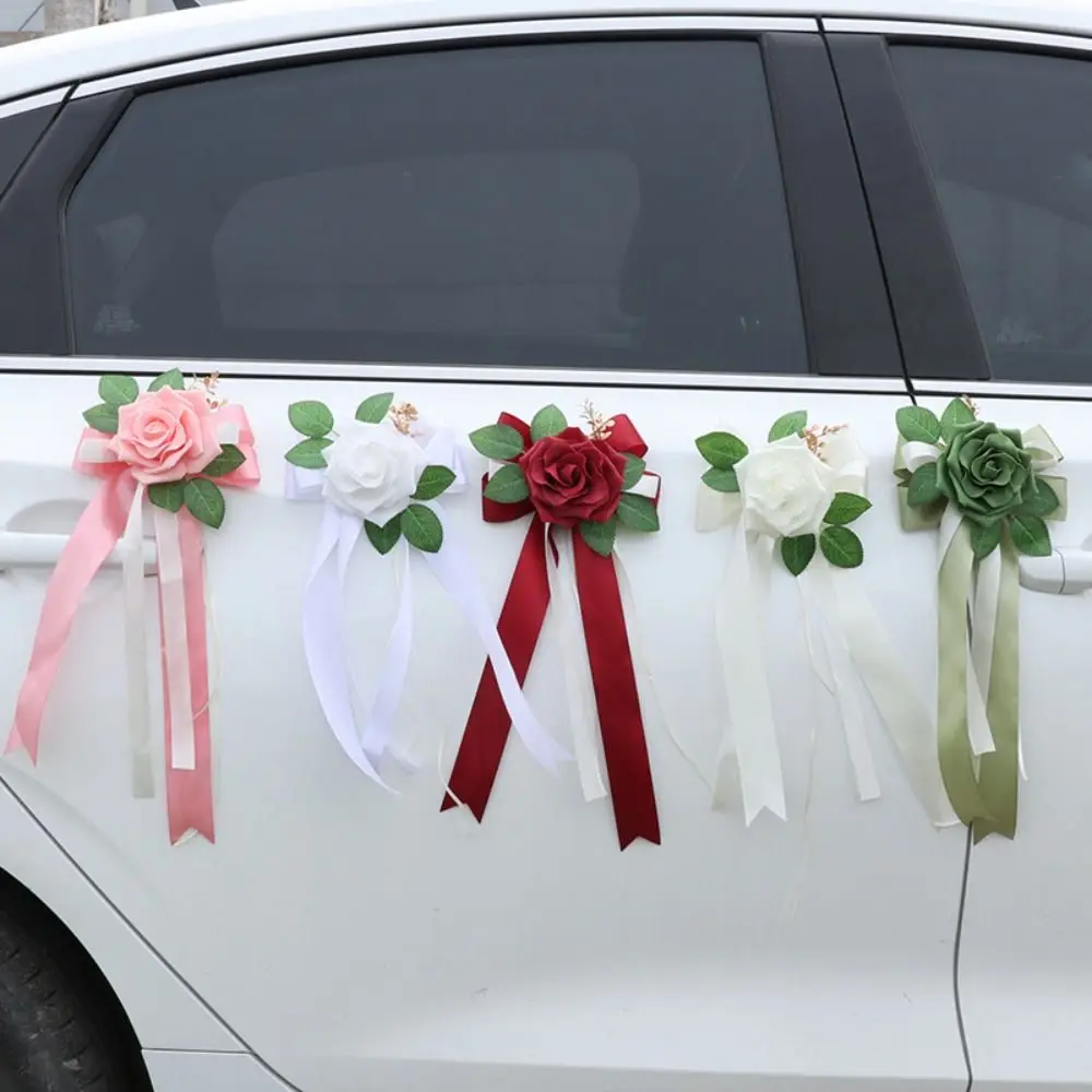 Silk Wedding Car Flowers Artificial Bowknot Door Handle Decorative Flowers European Style Romantic Door Handle Roses Wedding Car