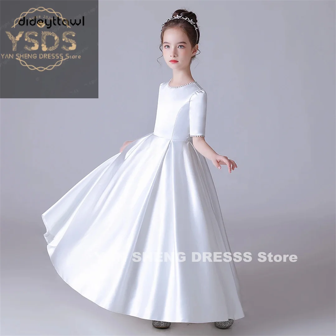 White Soft Satin Pearls Elegant Girl First Communion Dress Concert Wedding Party Short Sleeves Junior Bridesmaid Gown