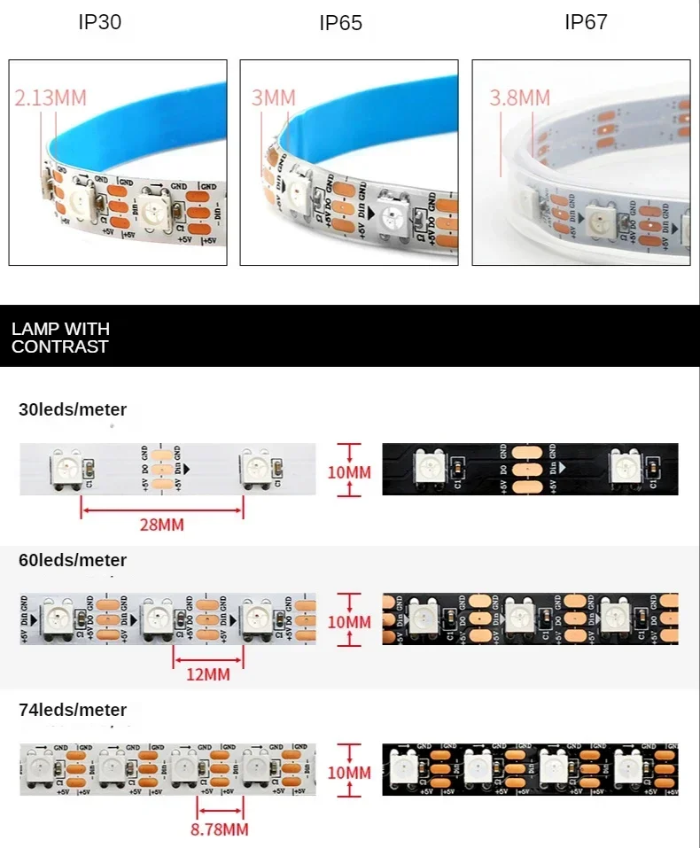 LEDストリップライト,個別にアドレス指定可能,PCB,クリスマスデコレーション,dc5v ws2812b,30, 60, 74, 96, 144 LED m,ip30,65, 67,白,黒,1m