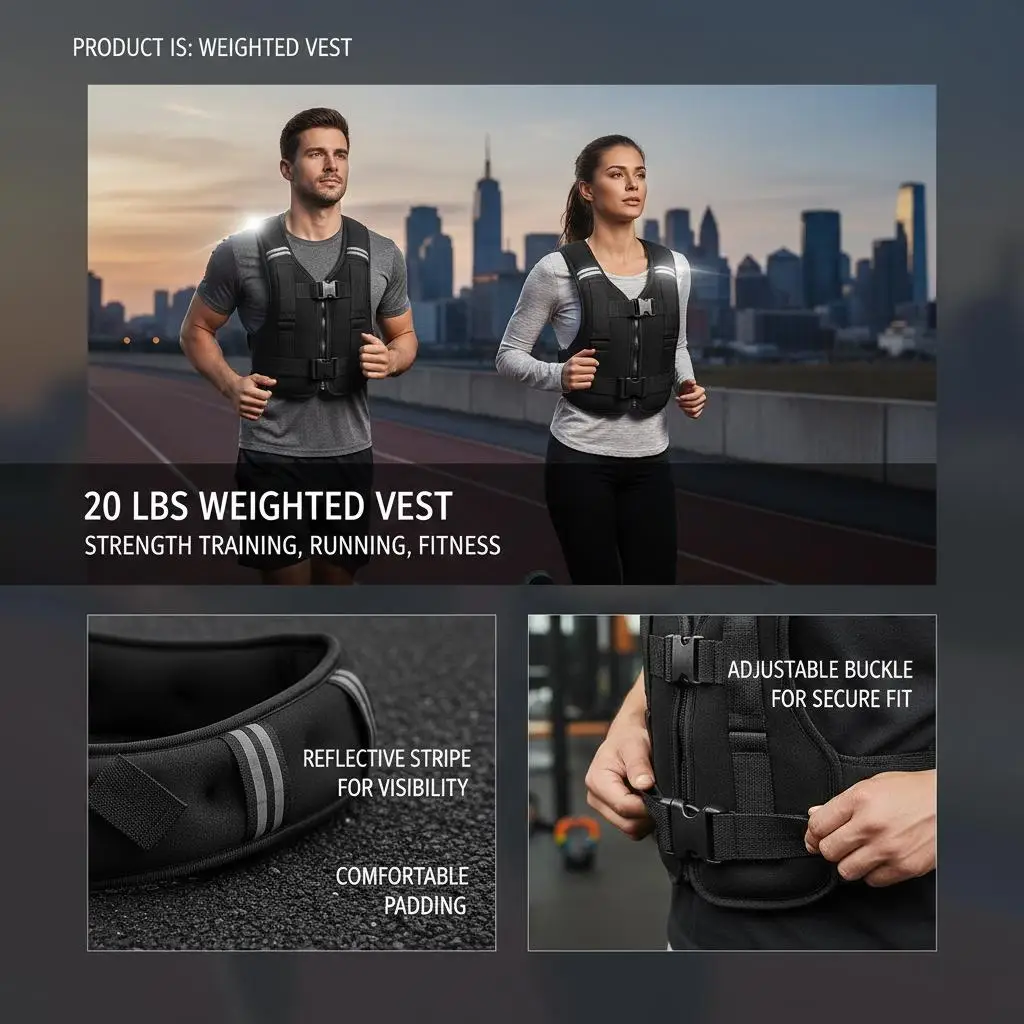 Gewichtsweste 9,22 kg, Gewichtsjacke mit verstellbarer Schnalle und reflektierender Streifen, für Krafttraining, Laufen, Joggen, Fitness und mehr. – Detail 5