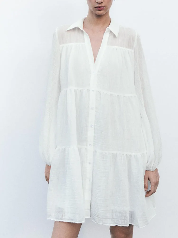 Primavera 2025 Nova Faion feminino cor pura em camadas patchwork gola virada para baixo simples ort Dr lanterna de cintura alta Sve A-...