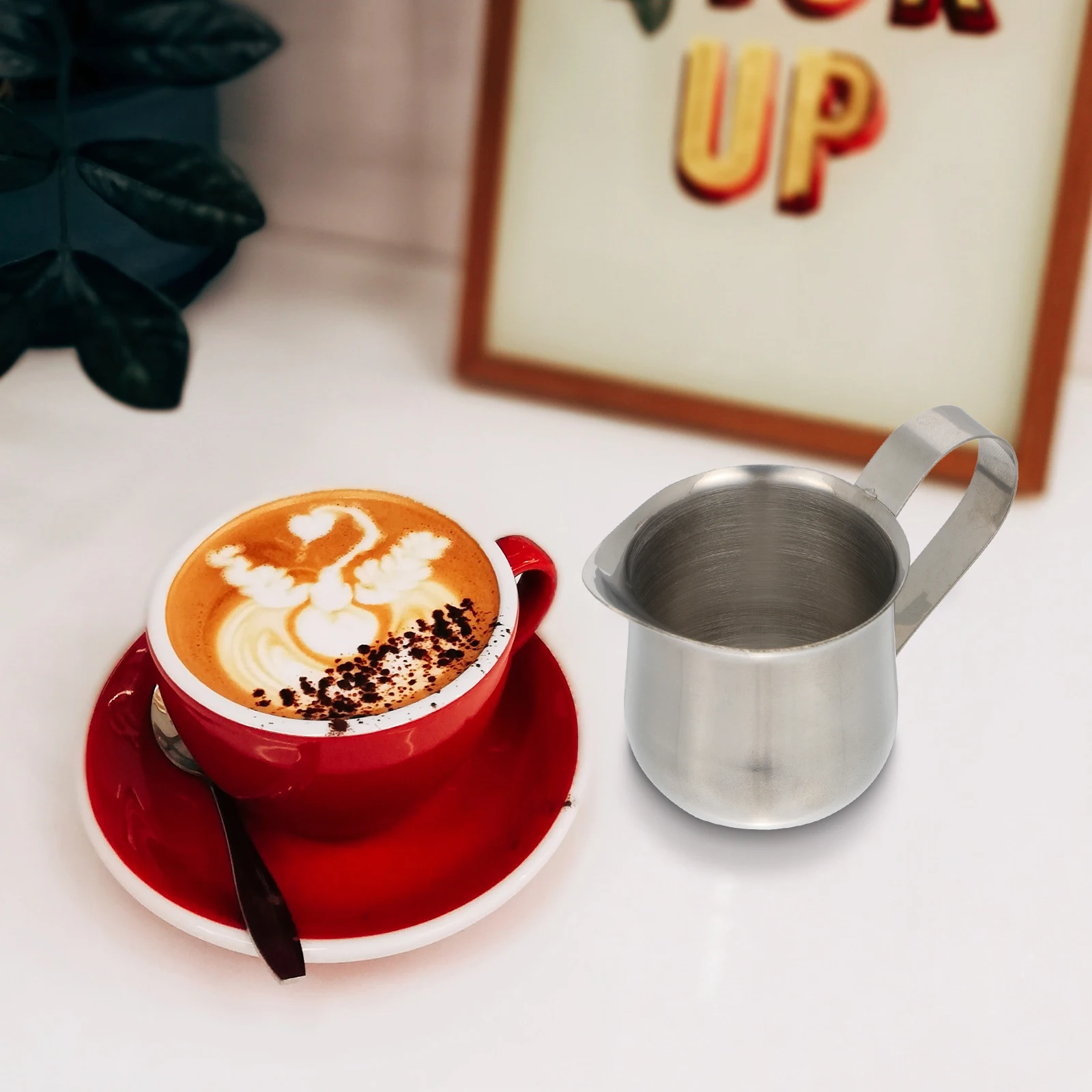 

Stainless Steel Milk Cup 2 Oz 60Ml Silver Polished Coffee Art Pitcher For Latte Cappuccino Frothing Sauce Dispenser