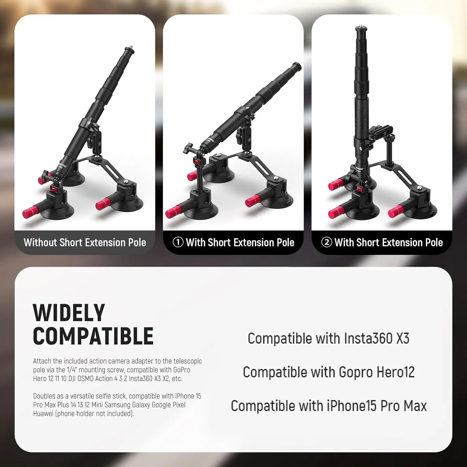 NEEWER طقم تثبيت على السيارة ثلاثي الالتصاق مع محول كاميرا الحركة، عصا سيلفي 2in1 لـ GoPro Insta360 CA065 #5