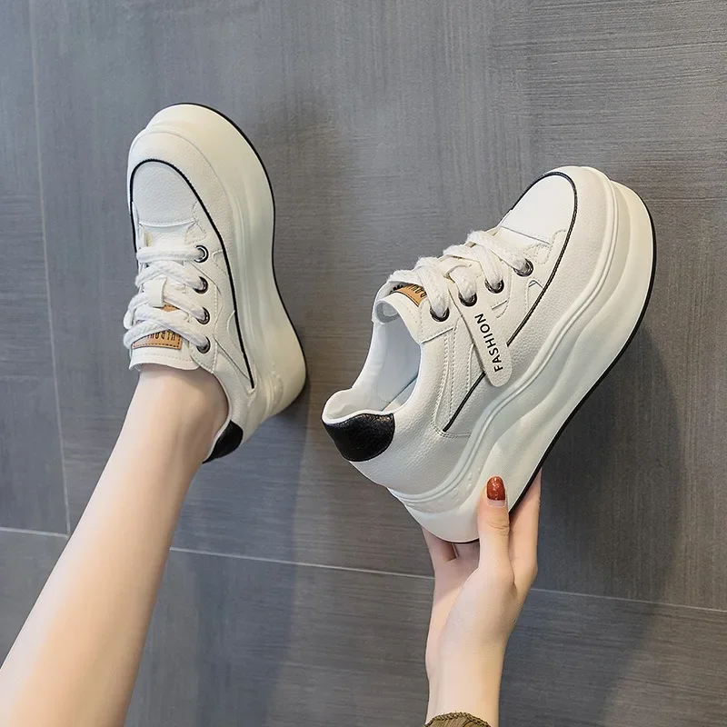 9cm Genuine Leather Platform Sneakers Wedge Shoes for Women Breathable Sneakers High Heels Casual Stable Jogging Sneakers 2024