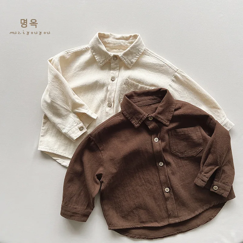 

Solid Color Long Sleeved Shirt Korean 2025 Spring and Autumn New Casual All-match and Simple Trendy Shirt for Boys and Girls