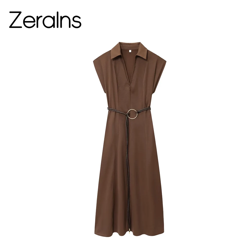 ZERAINS Herbst neue frauen kleidung temperament casual stil schnüren dekoration revers mit gürtel Midi kleid