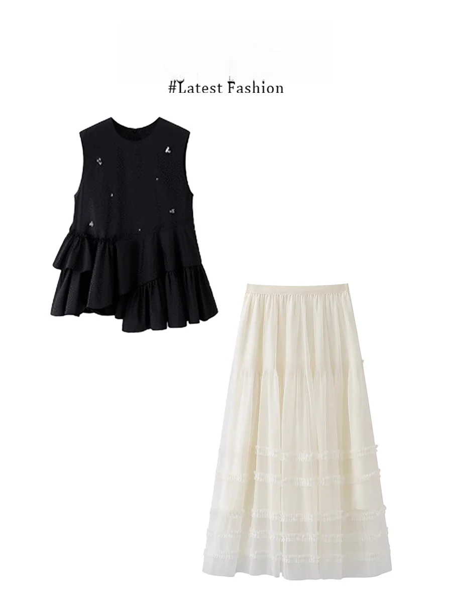 

Elegant Summer Sleeveless Loose Vest Top High Waist Slimming Skirt Set Casual Style Polyester Fiber round Neckline Two-Piece Set