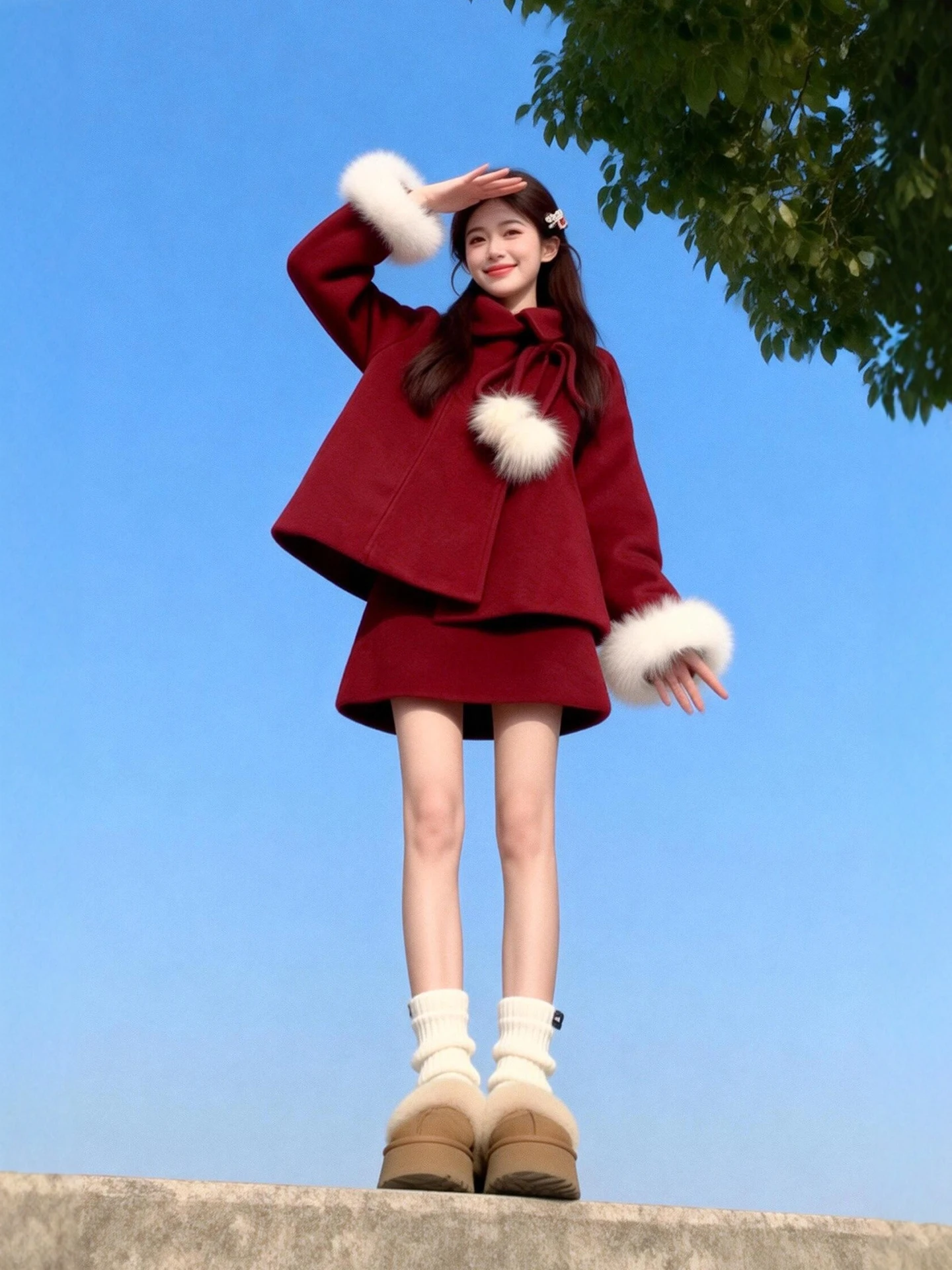 

Красный шерстяной комплект: пальто и юбка больших размеров для женщин, уникальный новогодний наряд, повседневный свободный крой, зимний модный ансамбль