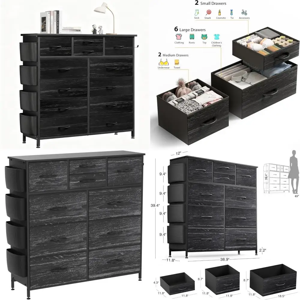 

12-Drawer Bedroom Dresser, Fabric Storage Tower with Side Pockets, Tall Hallway Chest, Black Closet Organizers for Efficient Spa