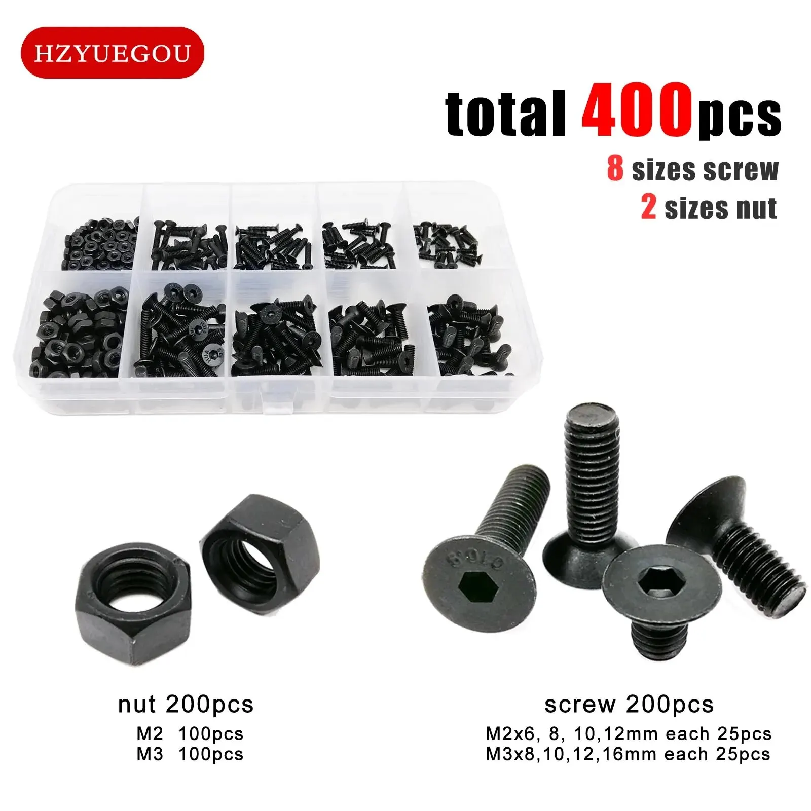 400pcs M2 M3 10 Sizes Allen Hexagon Hex Socket Flat Countersunk Head Screw Bolt Hex Nut Set Assortment Kit Box Grade 10.9 Steel